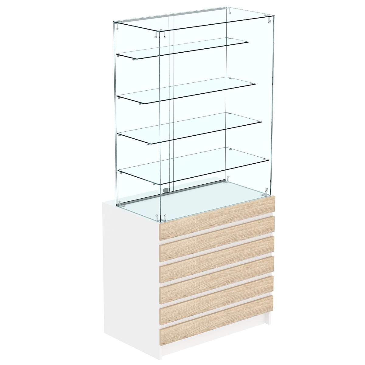 Торговый прилавок с высокой стеклянной витриной и фасадным декором №1Э-09 Белый + Дуб Сонома