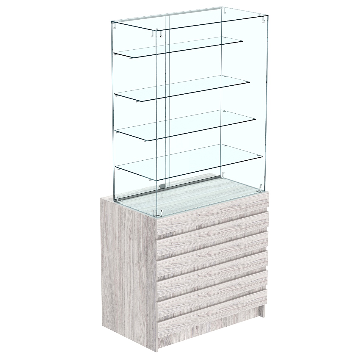 Торговый прилавок с высокой стеклянной витриной и фасадным декором №1Э-09 Ясень Анкор светлый - U31104