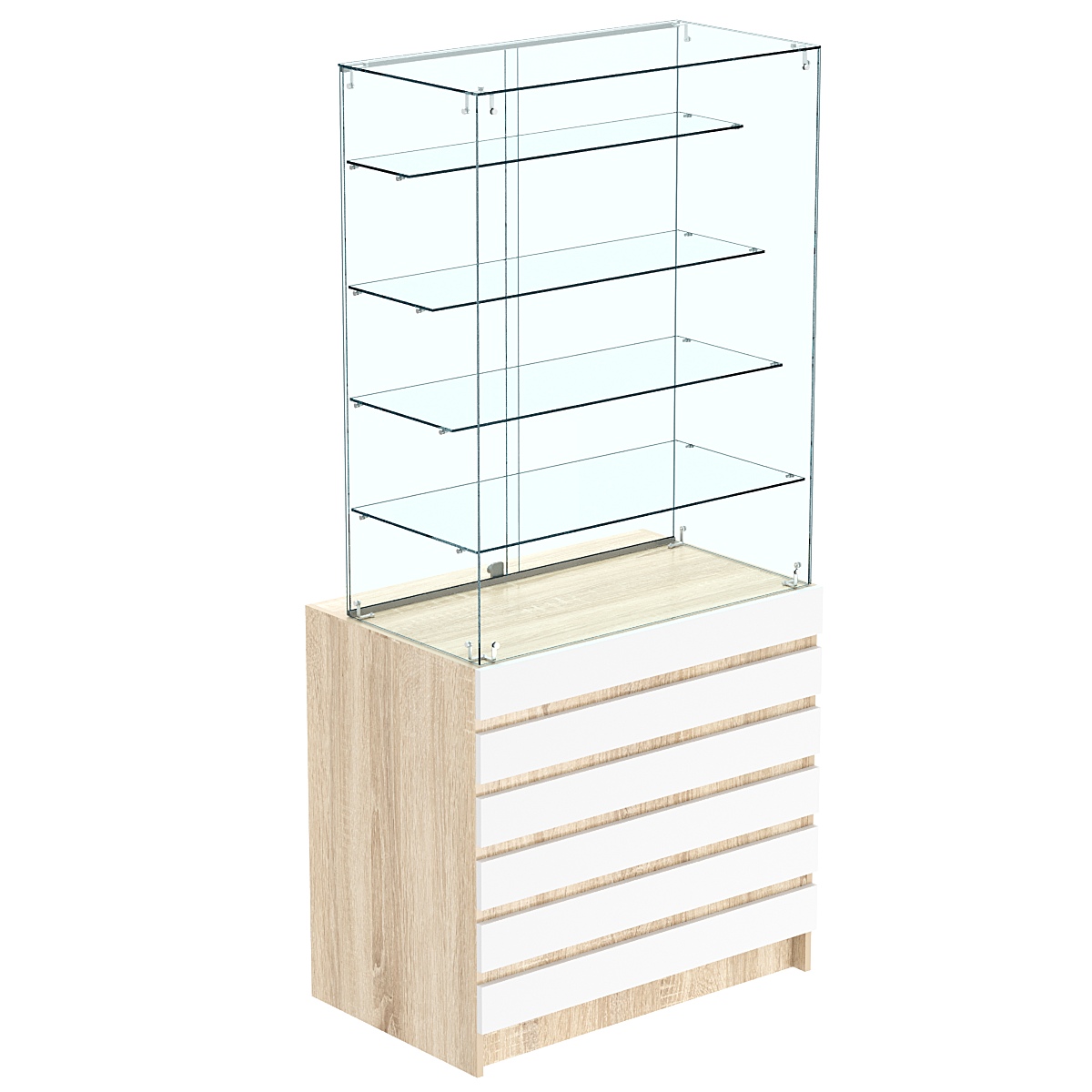 Торговый прилавок с высокой стеклянной витриной и фасадным декором №1Э-09 Дуб Сонома + Белый