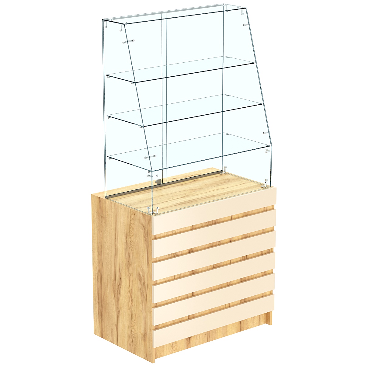 Торговый прилавок с наклонным фасадом и фасадными панелями №1Э-15 Дуб Золотистый и Крем Вайс