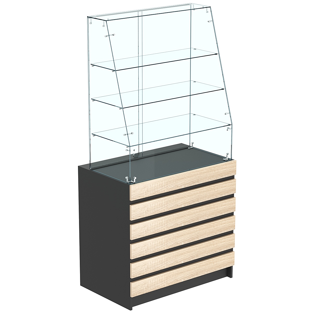 Торговый прилавок с наклонным фасадом и фасадными панелями №1Э-15 Черный + Дуб Сонома