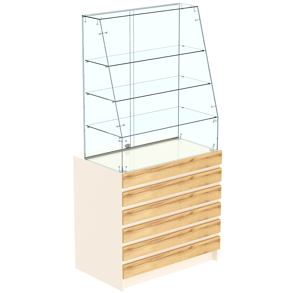 Торговый прилавок с наклонным фасадом и фасадными панелями №1Э-15 Крем Вайс и Дуб Золотистый