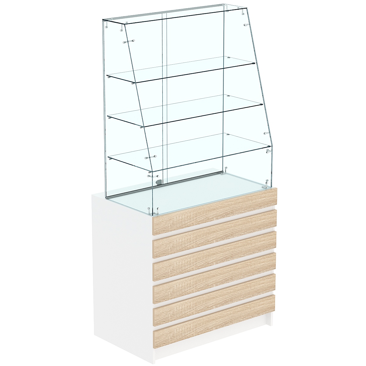 Торговый прилавок с наклонным фасадом и фасадными панелями №1Э-15 Белый + Дуб Сонома