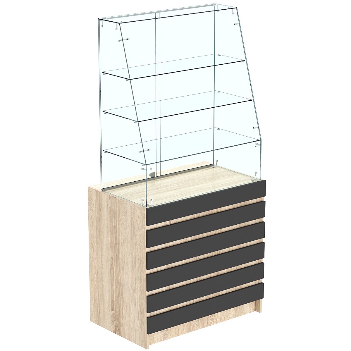 Торговый прилавок с наклонным фасадом и фасадными панелями №1Э-15 Дуб Сонома + Черный