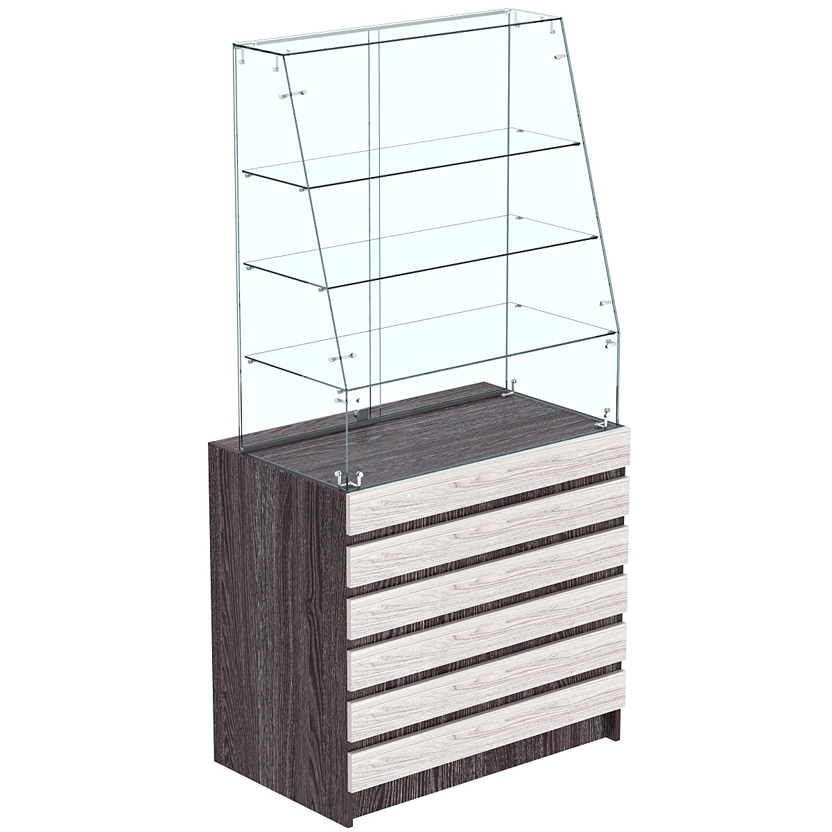 Торговый прилавок с наклонным фасадом и фасадными панелями №1Э-15 Ясень Анкор темный + Ясень Анкор светлый