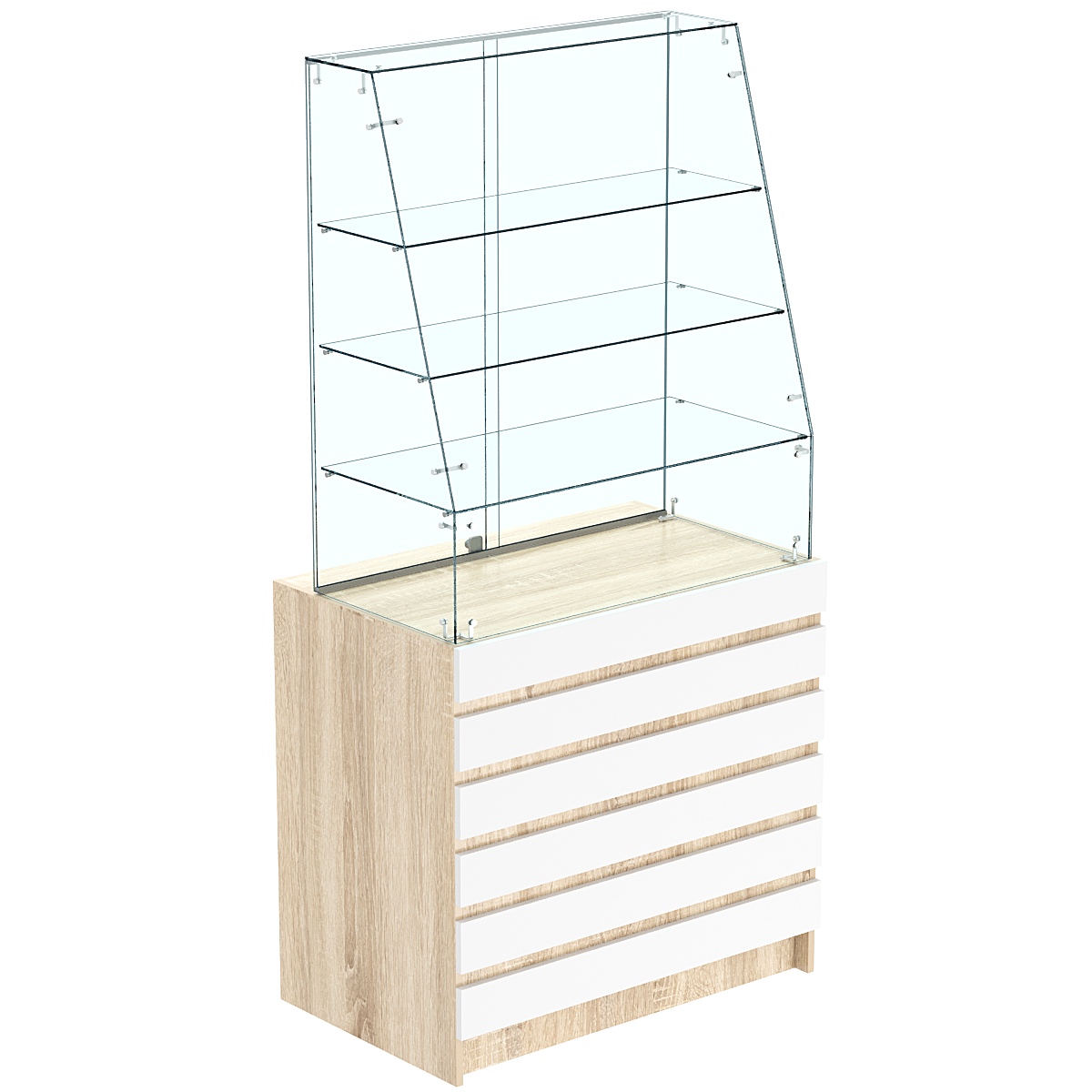 Торговый прилавок с наклонным фасадом и фасадными панелями №1Э-15 Дуб Сонома + Белый