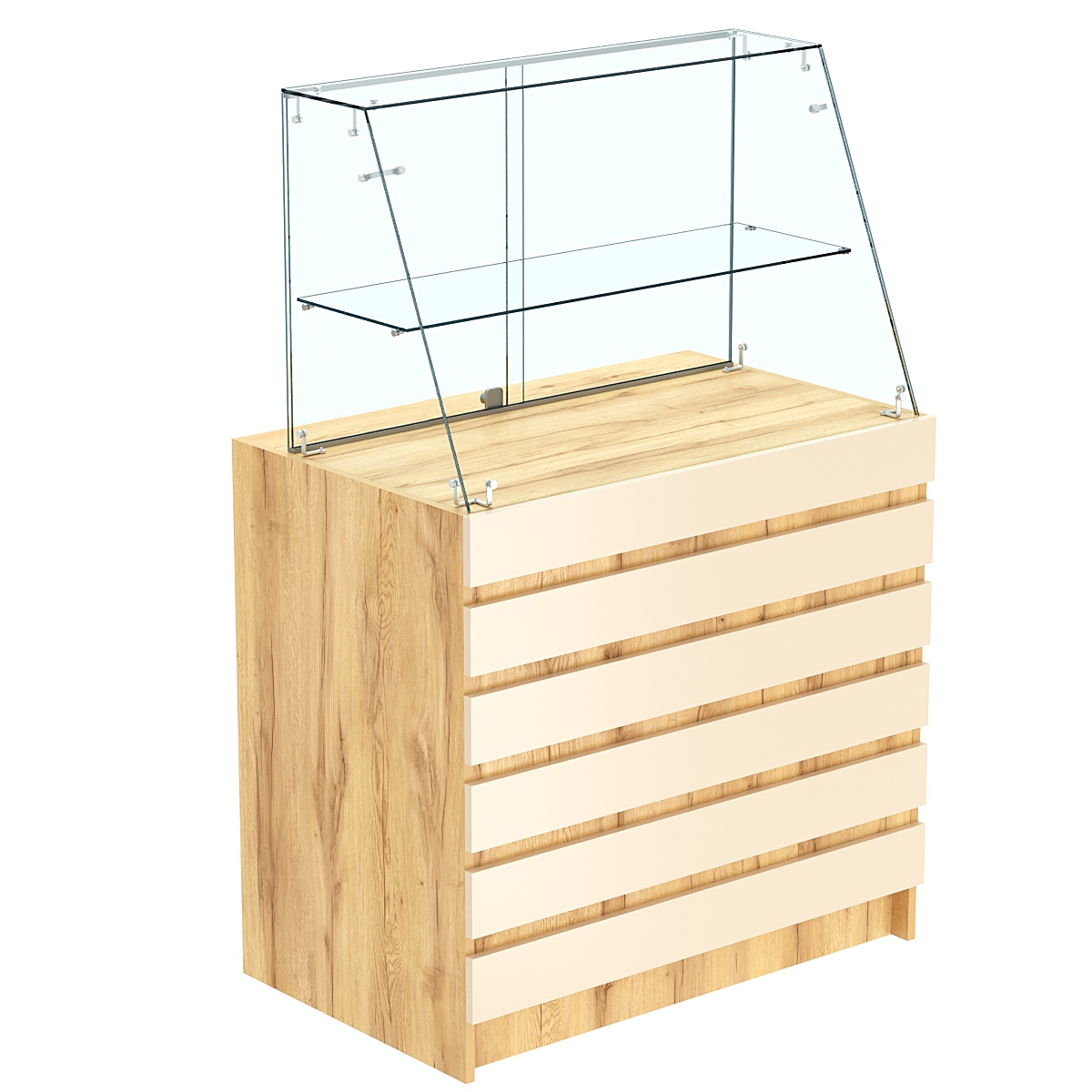 Торговый прилавок с фасадными панелями и стеклянной витриной закрытого доступа №1Э-39 Дуб Золотистый и Крем Вайс