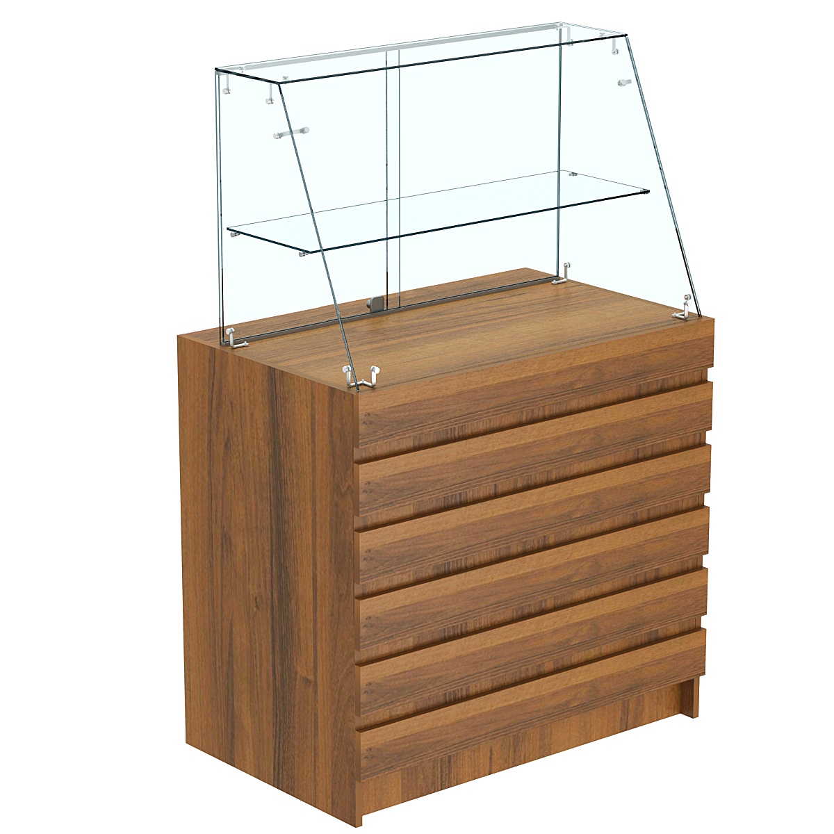 Торговый прилавок с фасадными панелями и стеклянной витриной закрытого доступа №1Э-39 Орех