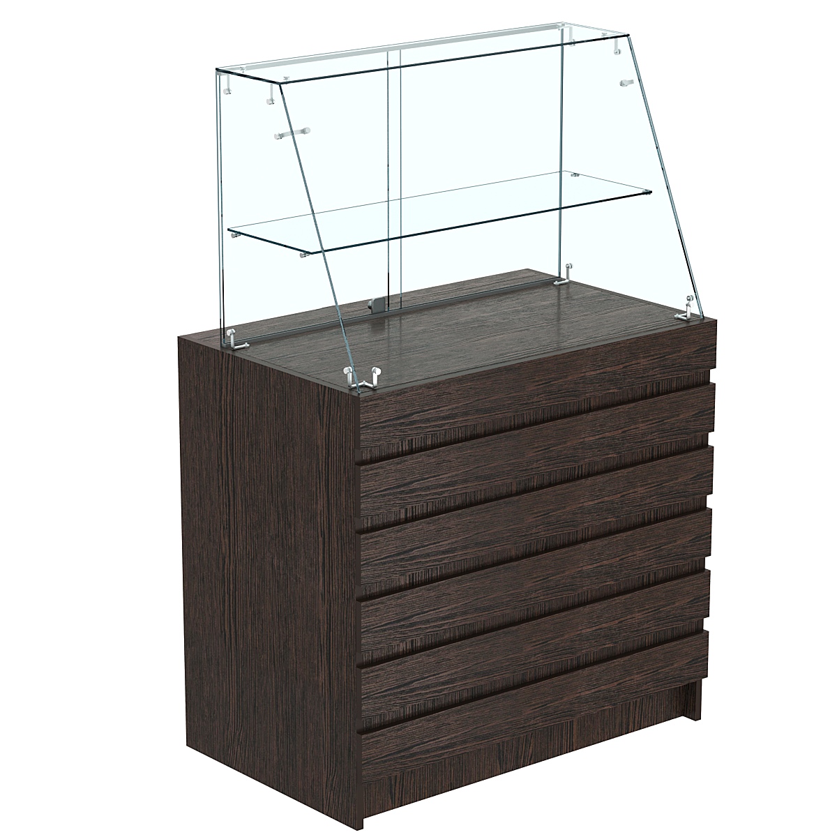 Торговый прилавок с фасадными панелями и стеклянной витриной закрытого доступа №1Э-39 Дуб Венге