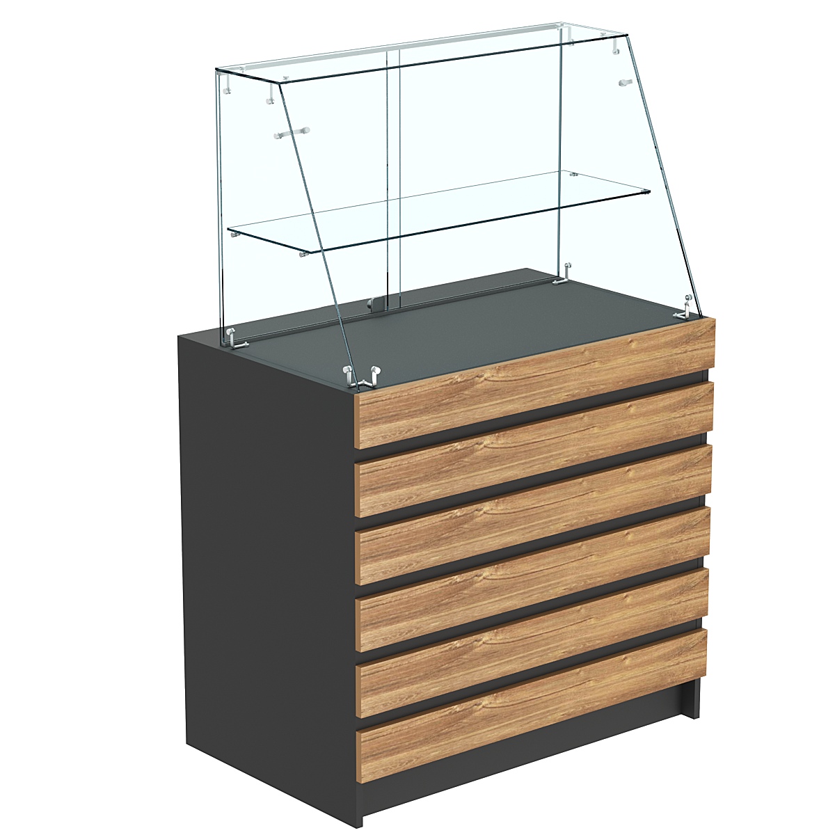 Торговый прилавок с фасадными панелями и стеклянной витриной закрытого доступа №1Э-39 Черный + Дуб Канзас коричневый