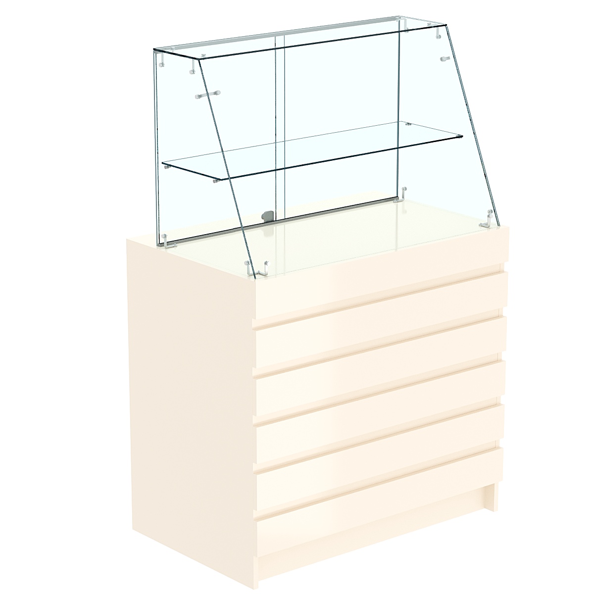 Торговый прилавок с фасадными панелями и стеклянной витриной закрытого доступа №1Э-39 Крем Вайс