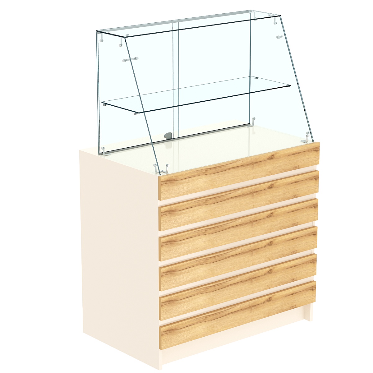 Торговый прилавок с фасадными панелями и стеклянной витриной закрытого доступа №1Э-39 Крем Вайс и Дуб Золотистый