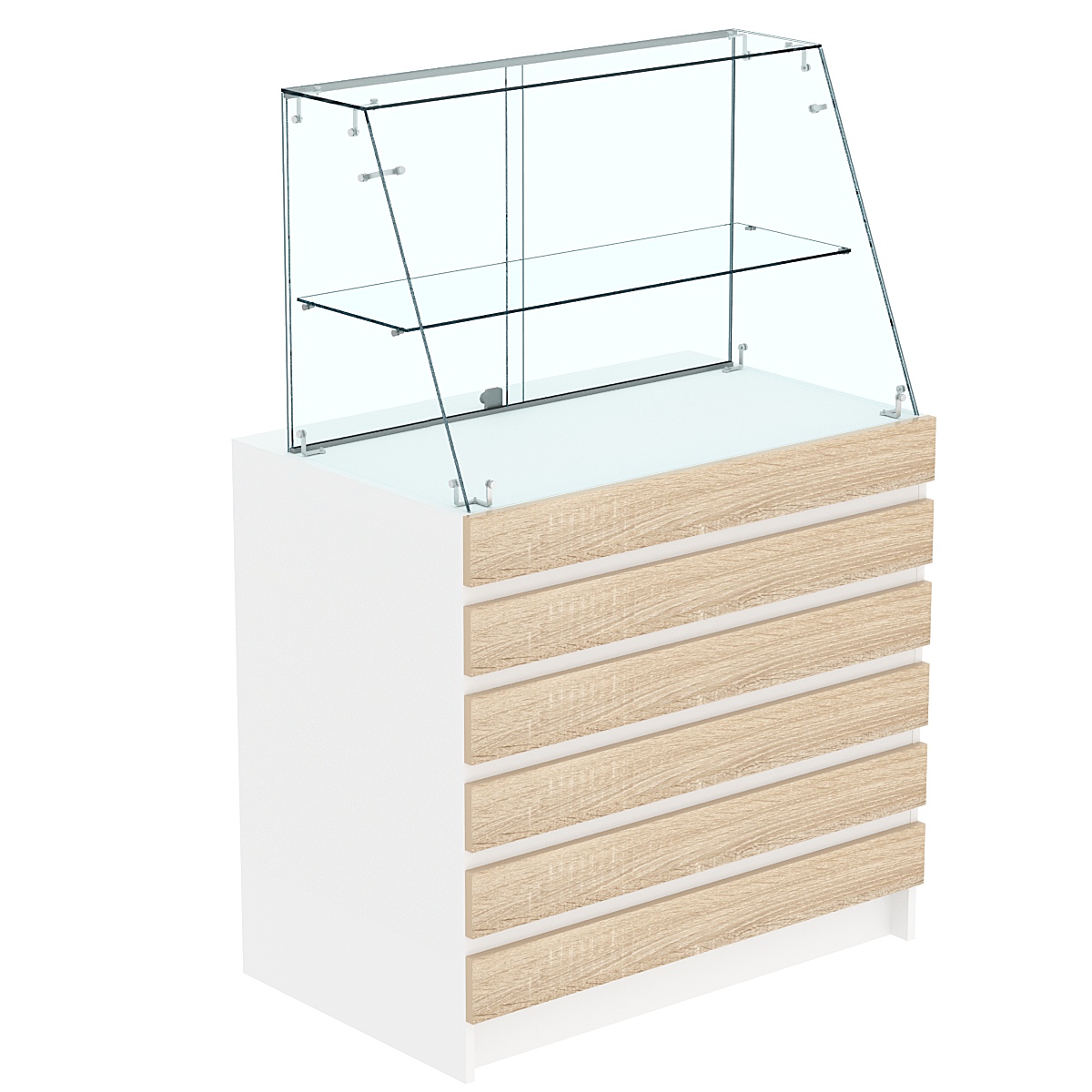 Торговый прилавок с фасадными панелями и стеклянной витриной закрытого доступа №1Э-39 Белый + Дуб Сонома