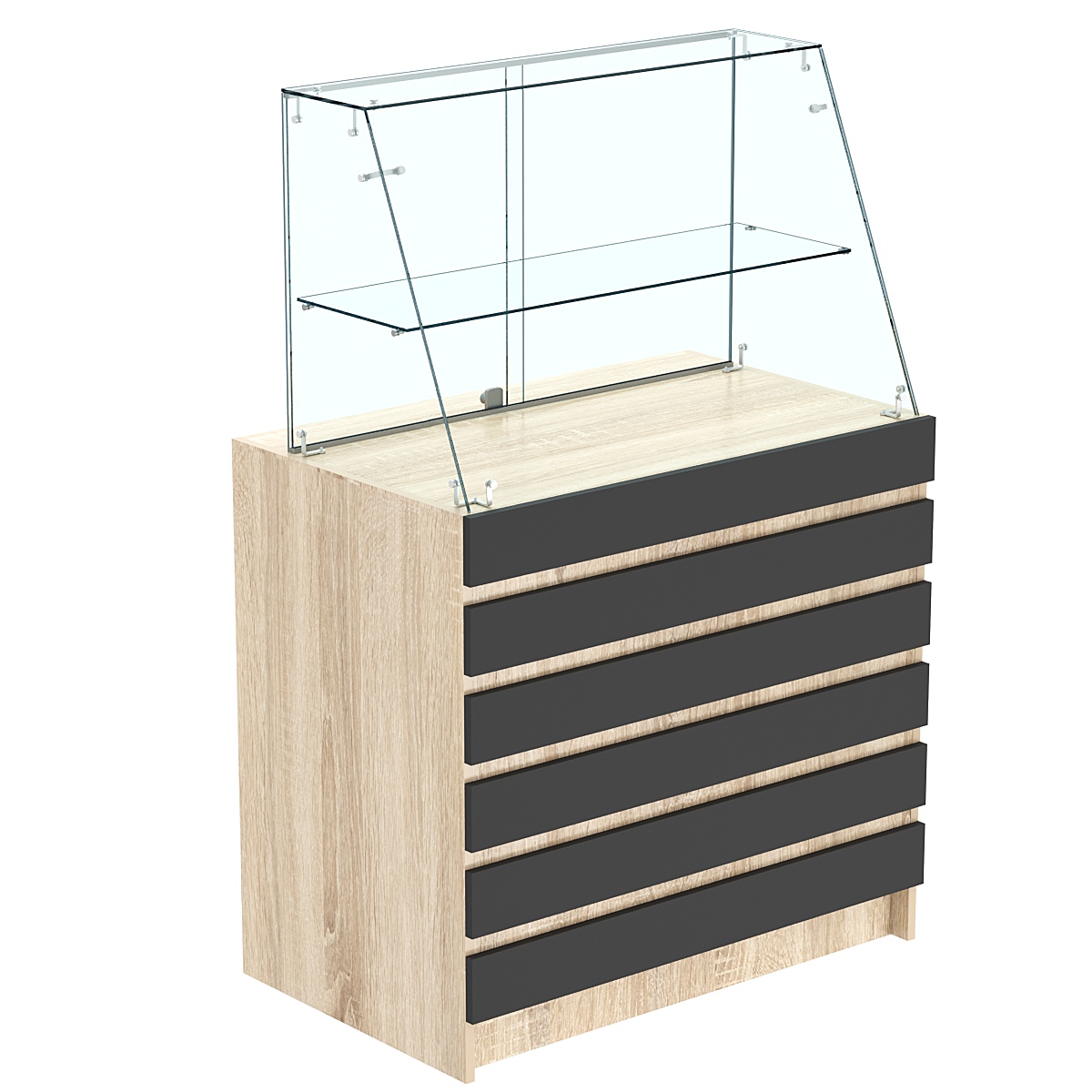 Торговый прилавок с фасадными панелями и стеклянной витриной закрытого доступа №1Э-39 Дуб Сонома + Черный