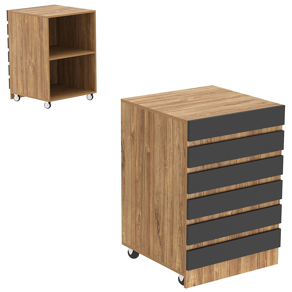 Торговый прилавок узкий на колесах с фасадными панелями №13Э Дуб Канзас коричневый + Черный