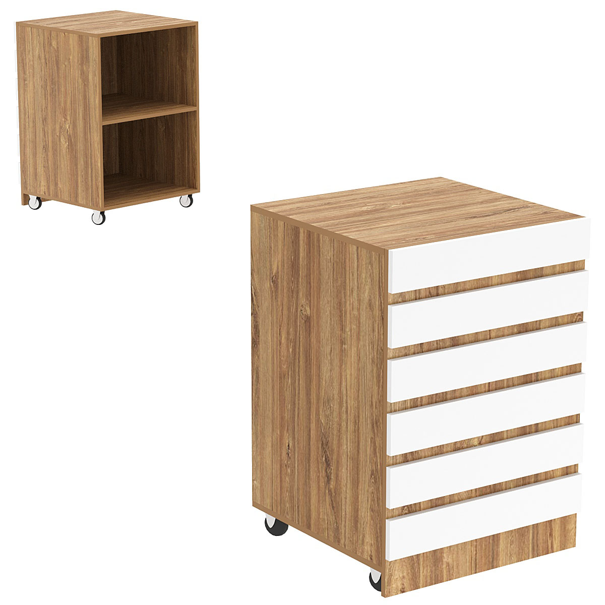 Торговый прилавок узкий на колесах с фасадными панелями №13Э Дуб Канзас коричневый + Белый