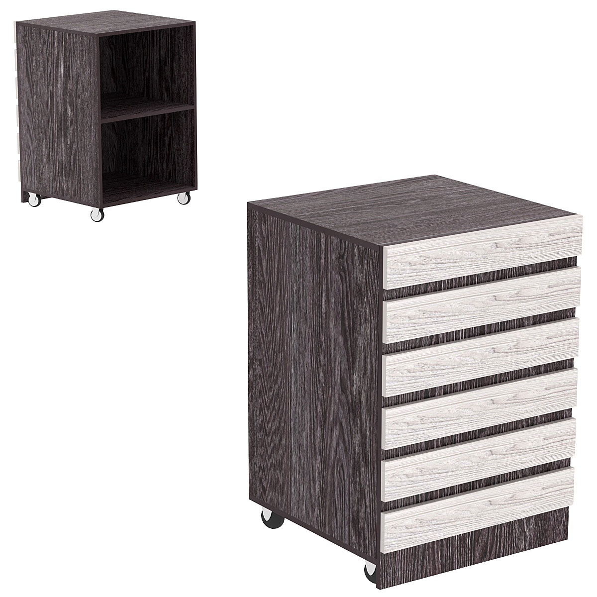 Торговый прилавок узкий на колесах с фасадными панелями №13Э Ясень Анкор темный + Ясень Анкор светлый