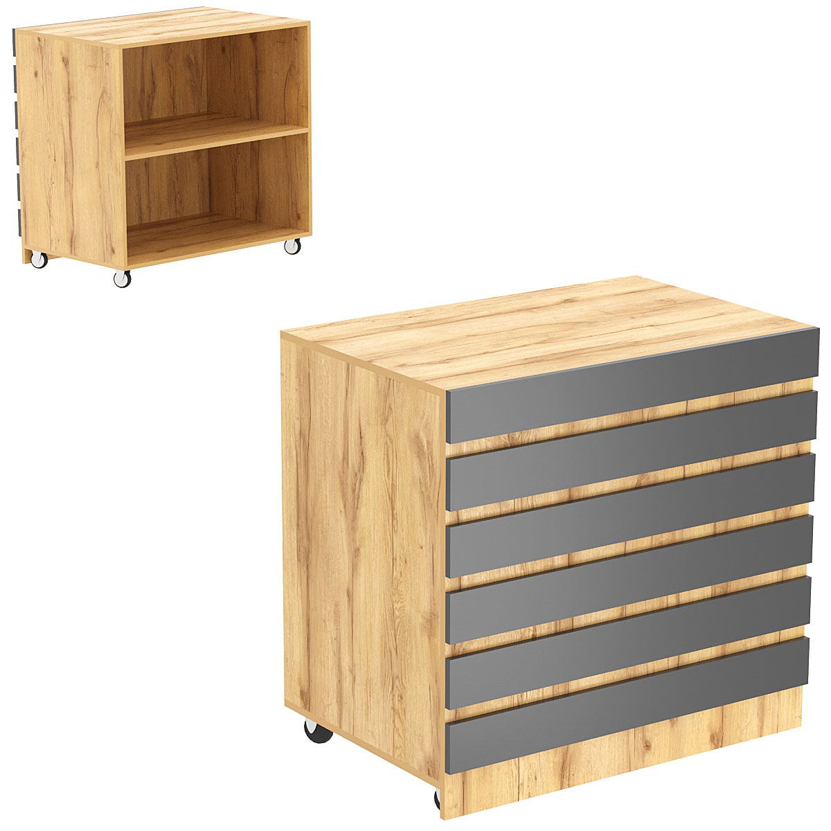 Торговый прилавок широкий выкатной с фасадными панелями №16Э Дуб Золотистый и Темно-Серый