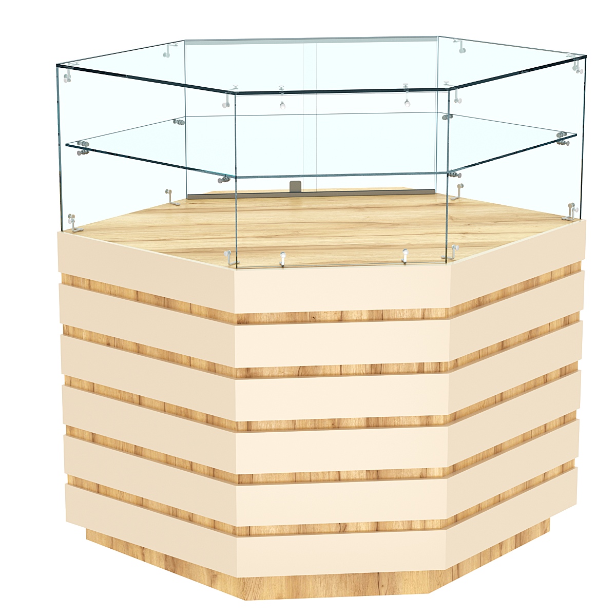 Торговый прилавок внешнего угла со стеклом и фасадными панелями №14Э-01 Дуб Золотистый и Крем Вайс
