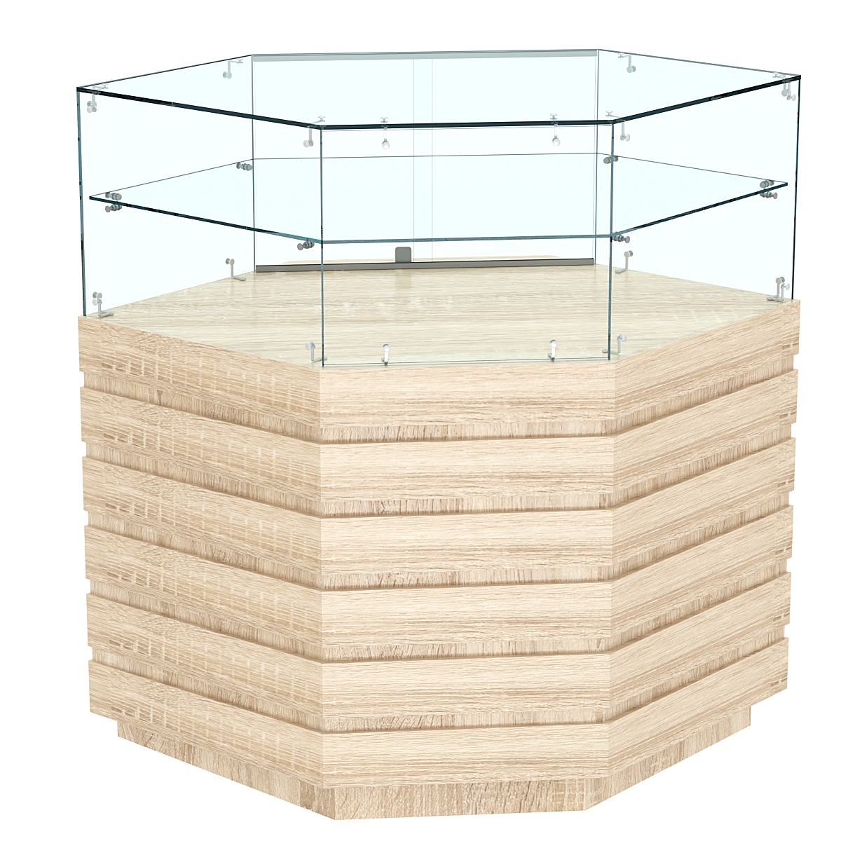 Торговый прилавок внешнего угла со стеклом и фасадными панелями №14Э-01 Дуб сонома