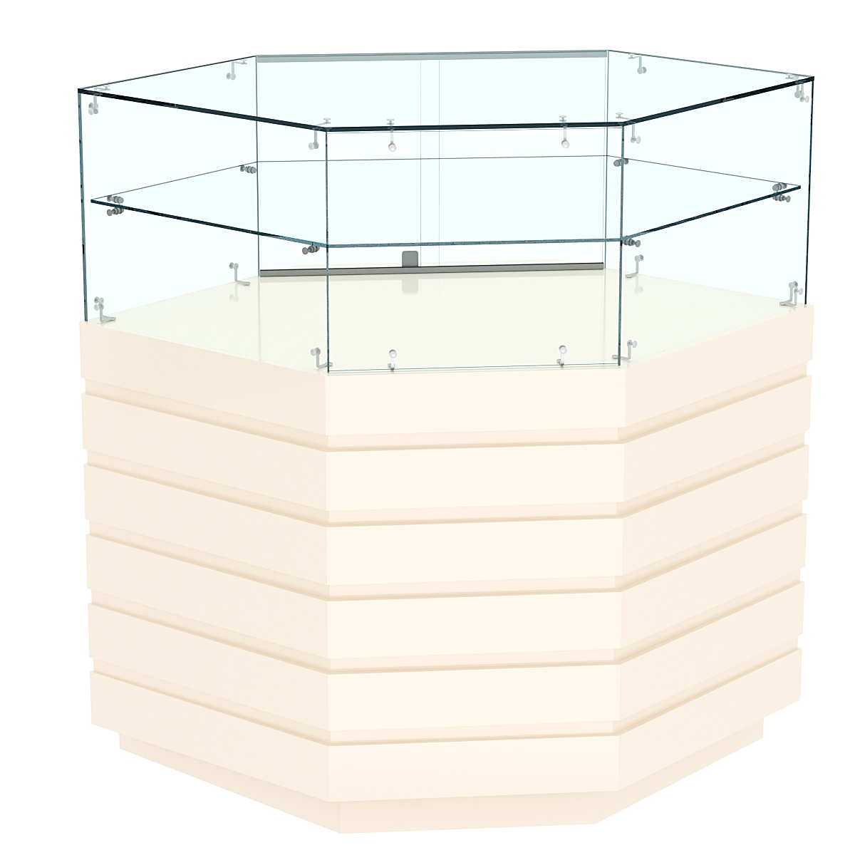 Торговый прилавок внешнего угла со стеклом и фасадными панелями №14Э-01 Крем Вайс
