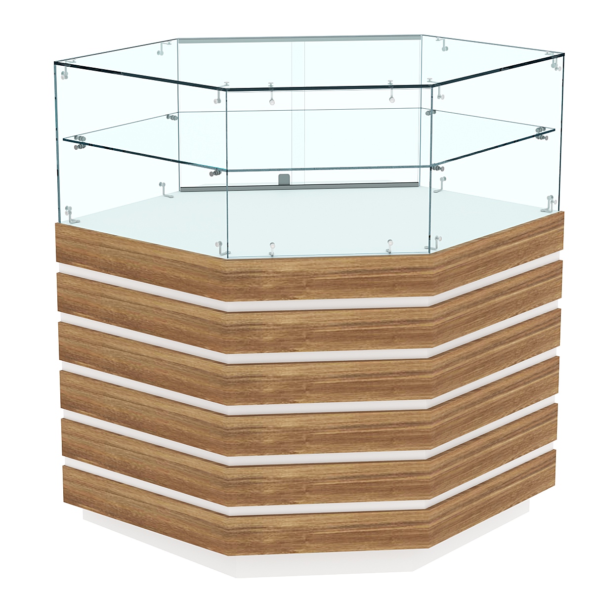 Торговый прилавок внешнего угла со стеклом и фасадными панелями №14Э-01 Белый + Дуб Канзас коричневый