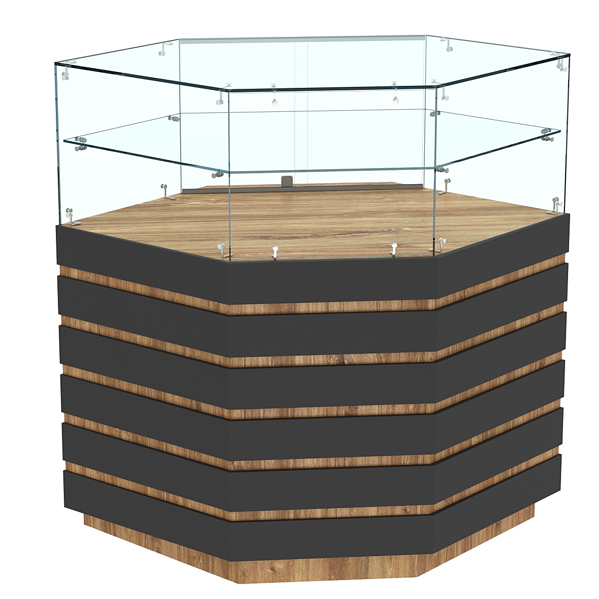 Торговый прилавок внешнего угла со стеклом и фасадными панелями №14Э-01 Дуб Канзас коричневый + Черный
