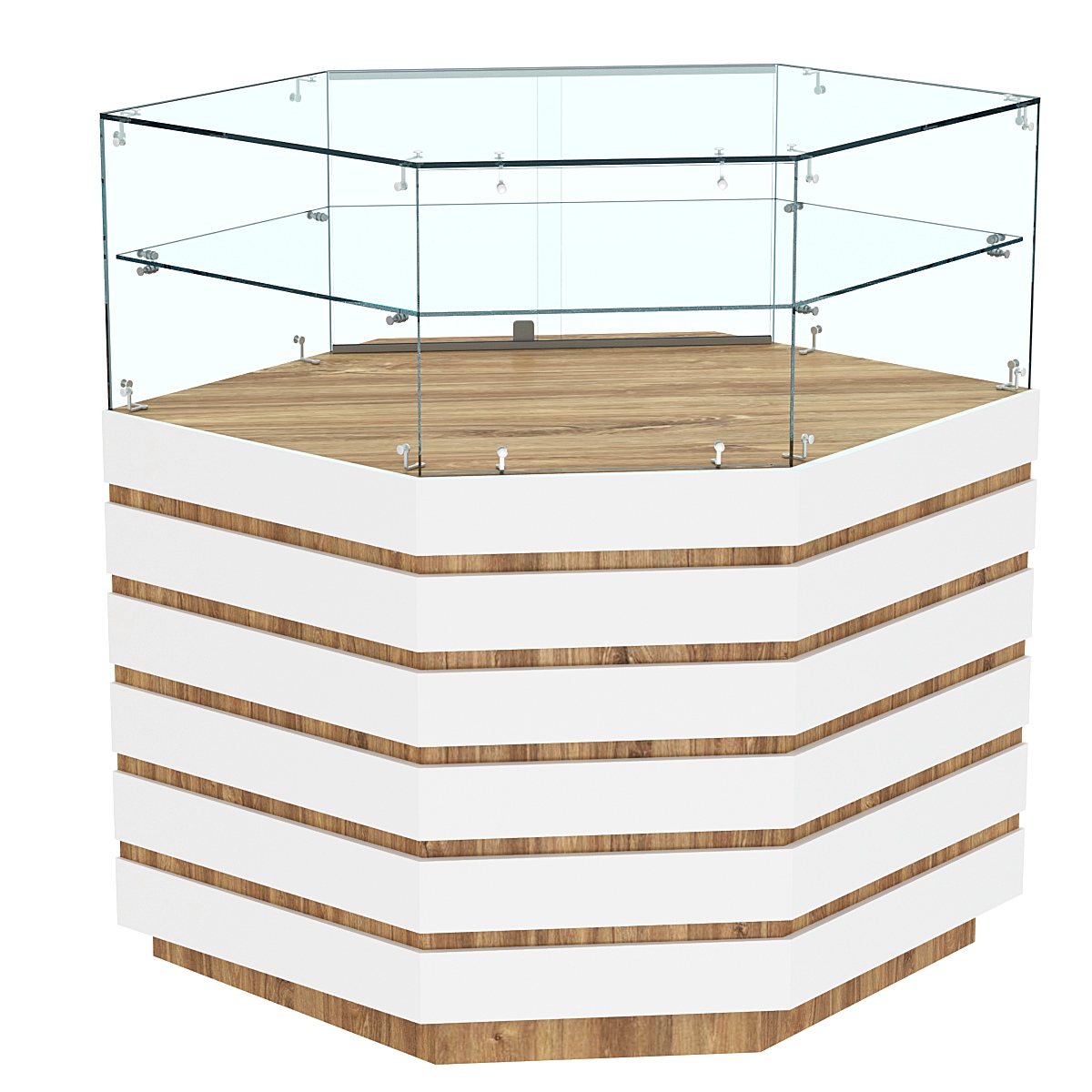 Торговый прилавок внешнего угла со стеклом и фасадными панелями №14Э-01 Дуб Канзас коричневый + Белый