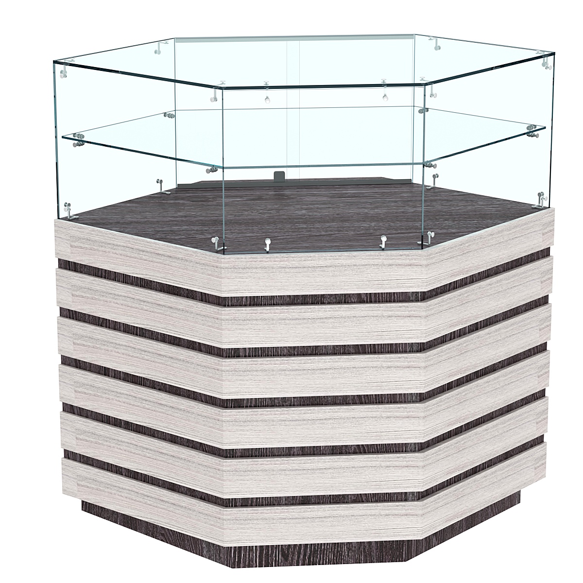 Торговый прилавок внешнего угла со стеклом и фасадными панелями №14Э-01 Ясень Анкор темный + Ясень Анкор светлый