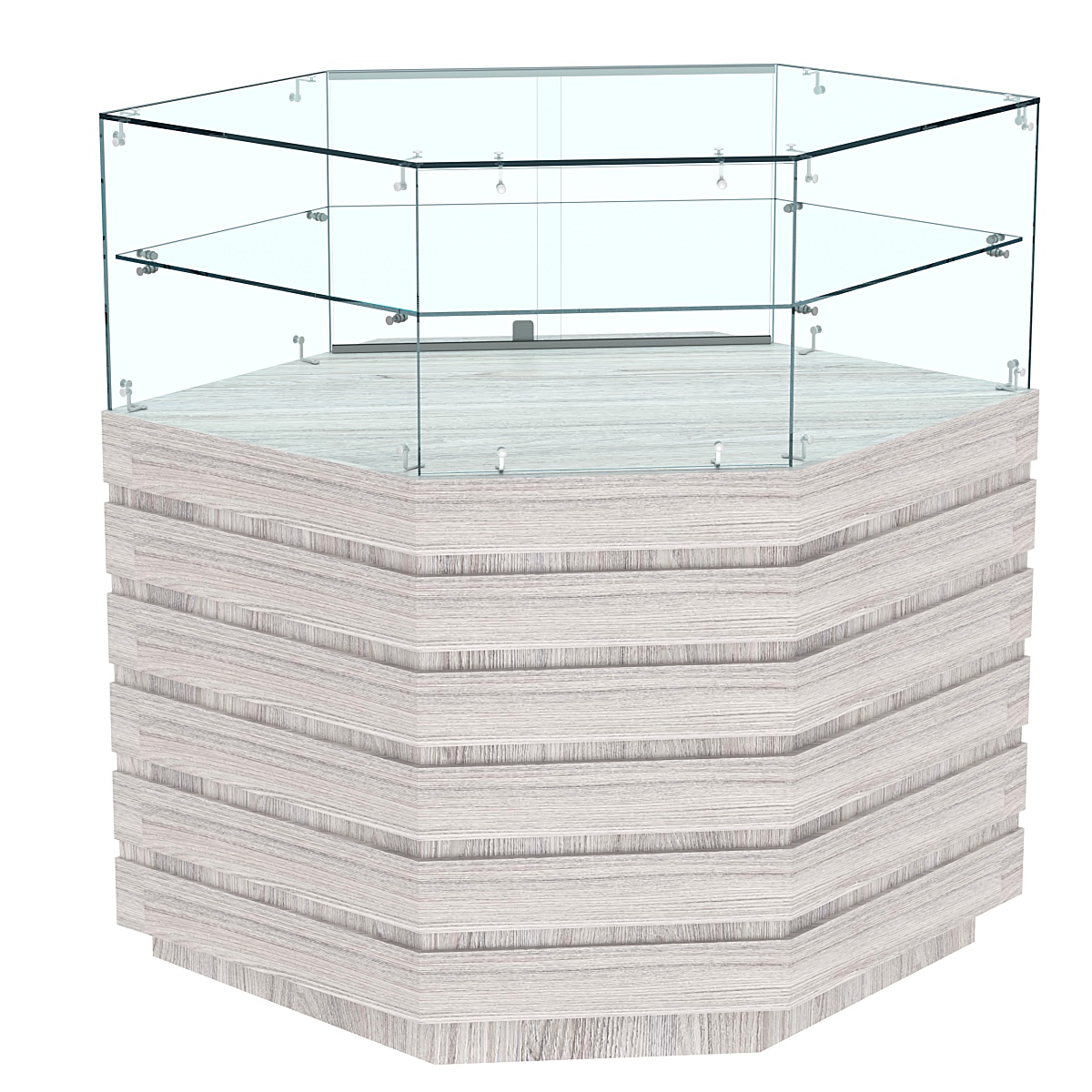 Торговый прилавок внешнего угла со стеклом и фасадными панелями №14Э-01 Ясень Анкор светлый - U31104