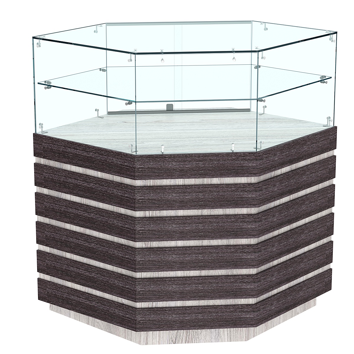 Торговый прилавок внешнего угла со стеклом и фасадными панелями №14Э-01 Ясень Анкор светлый + Ясень Анкор темный