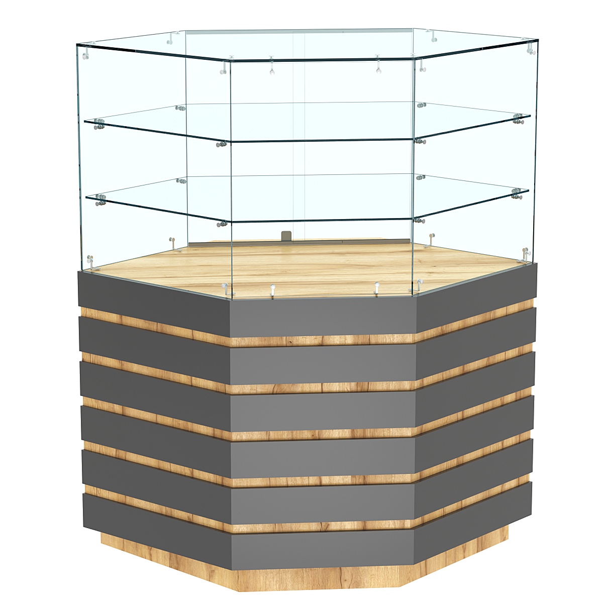 Торговый прилавок угловой с двумя полками и фасадными панелями №14Э-02 Дуб Золотистый и Темно-Серый