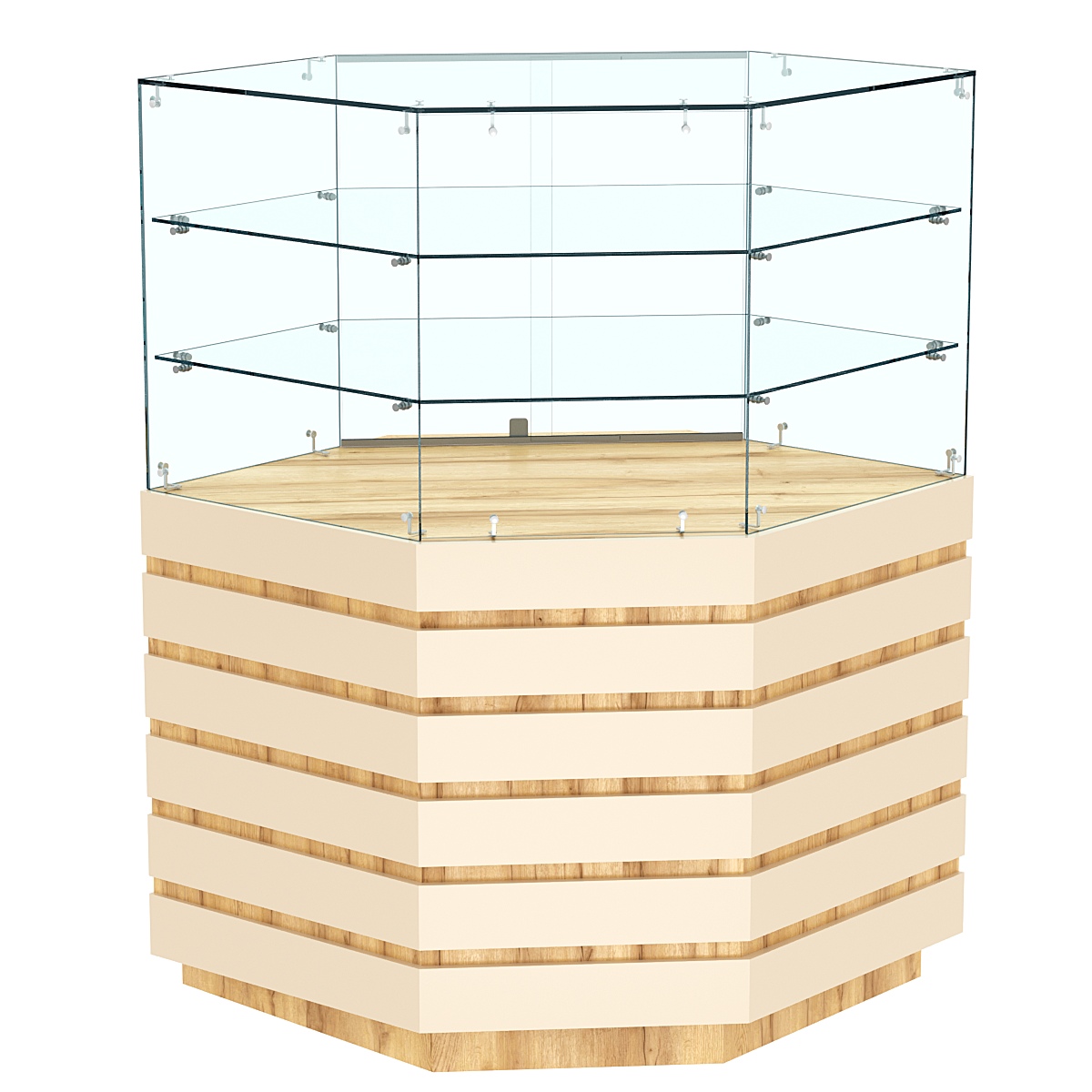 Торговый прилавок угловой с двумя полками и фасадными панелями №14Э-02 Дуб Золотистый и Крем Вайс