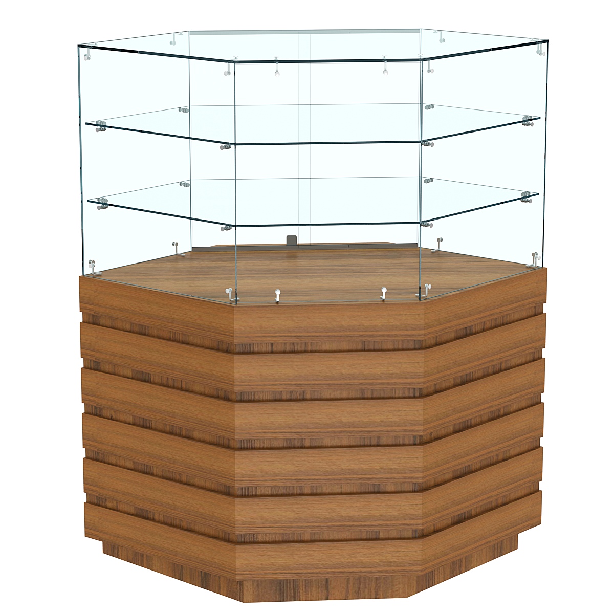 Торговый прилавок угловой с двумя полками и фасадными панелями №14Э-02 Орех