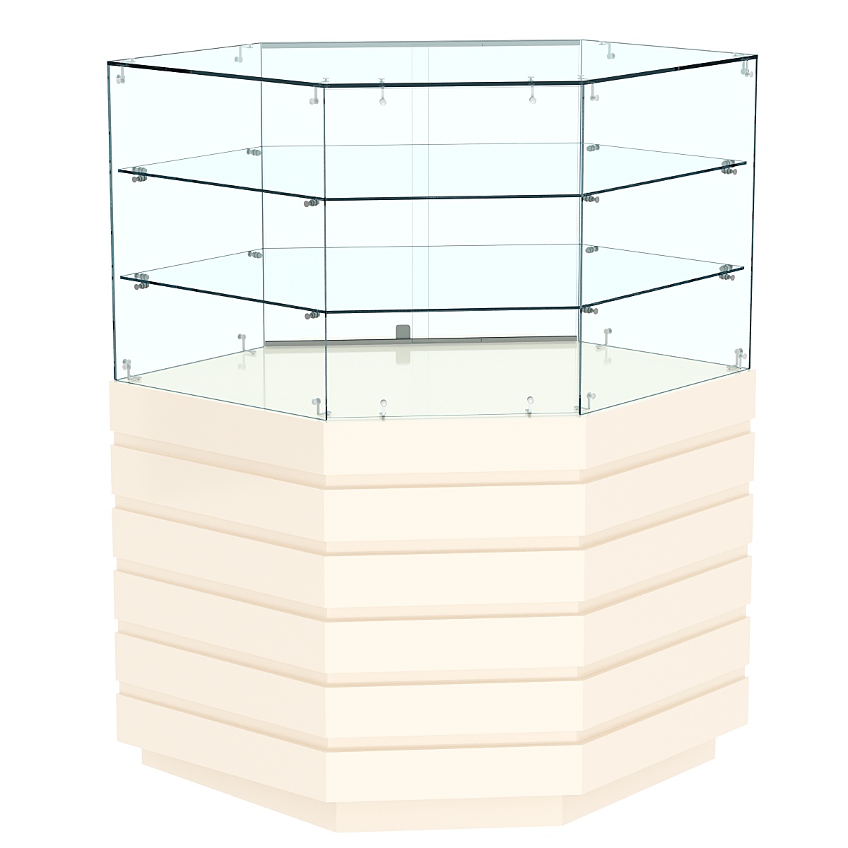 Торговый прилавок угловой с двумя полками и фасадными панелями №14Э-02 Крем Вайс