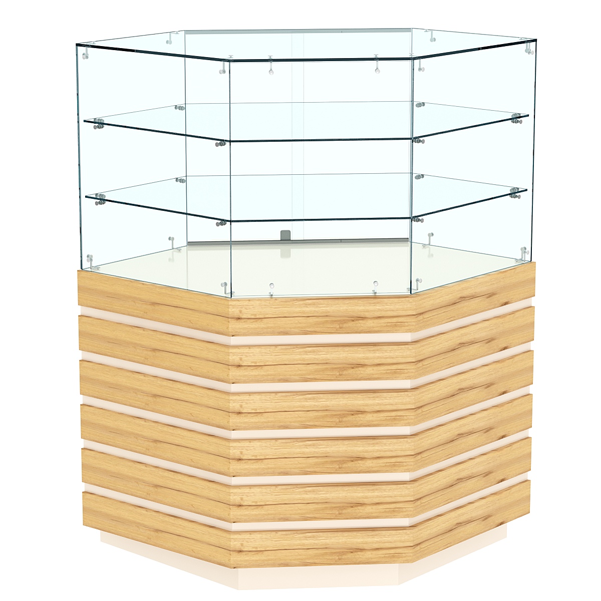 Торговый прилавок угловой с двумя полками и фасадными панелями №14Э-02 Крем Вайс и Дуб Золотистый