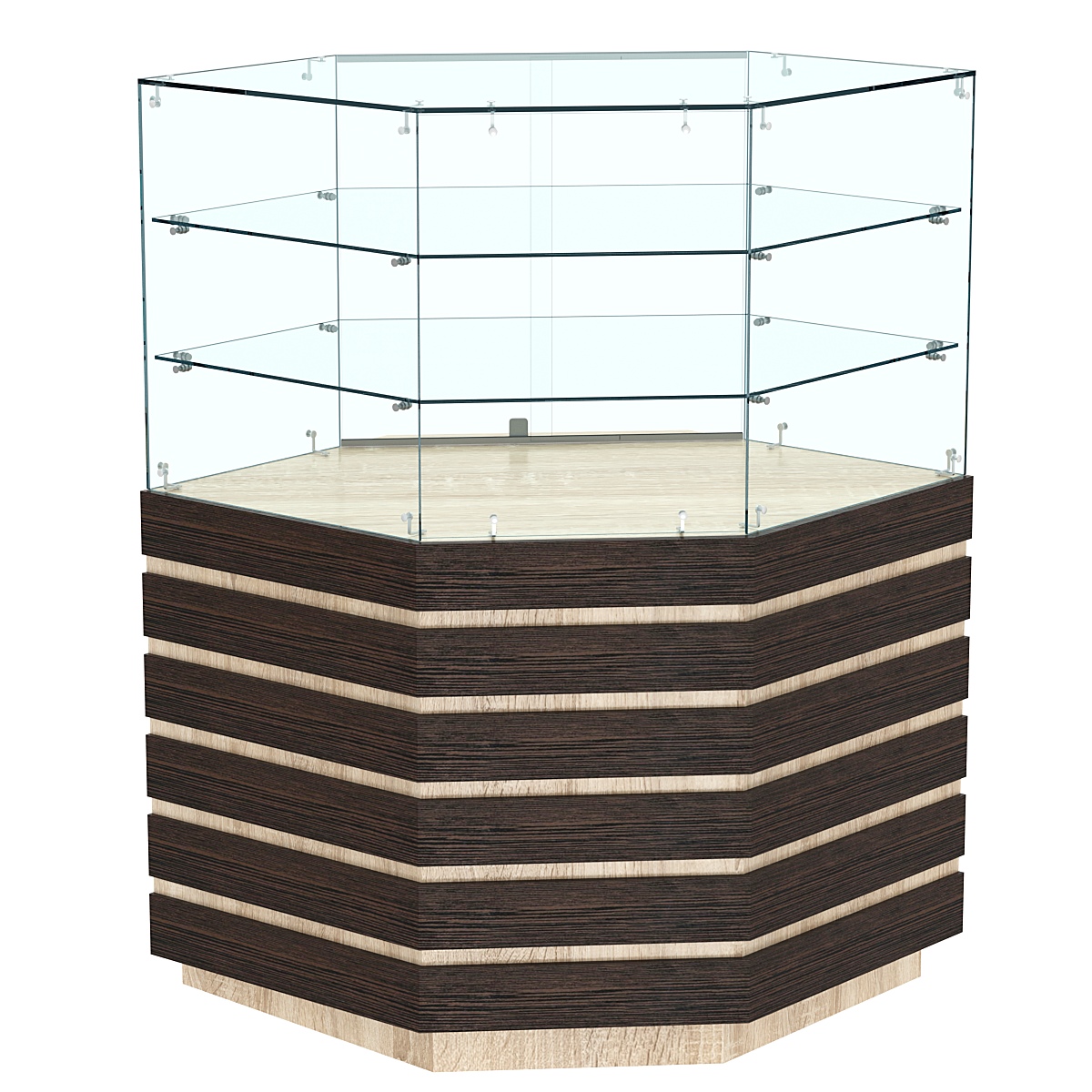 Торговый прилавок угловой с двумя полками и фасадными панелями №14Э-02 Дуб Сонома + Дуб Венге