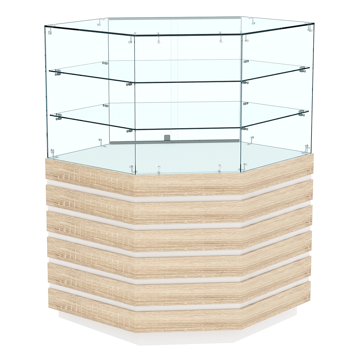 Торговый прилавок угловой с двумя полками и фасадными панелями №14Э-02 Белый + Дуб Сонома