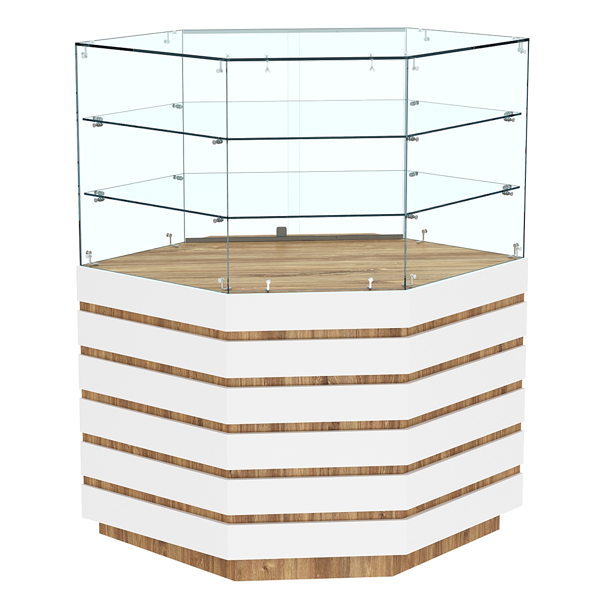 Торговый прилавок угловой с двумя полками и фасадными панелями №14Э-02 Дуб Канзас коричневый + Белый