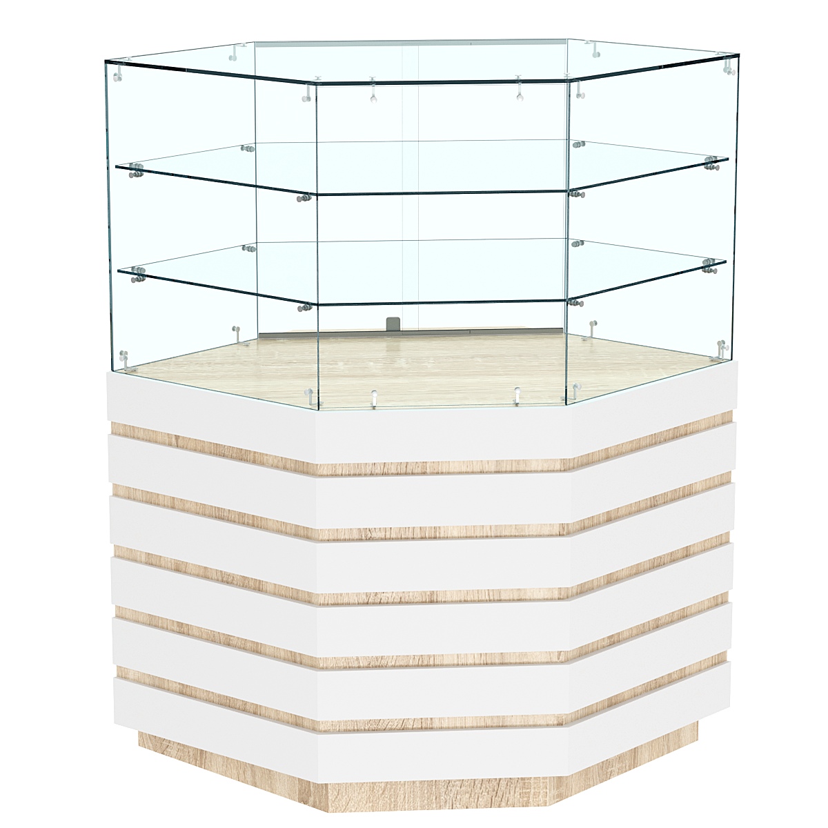 Торговый прилавок угловой с двумя полками и фасадными панелями №14Э-02 Дуб Сонома + Белый