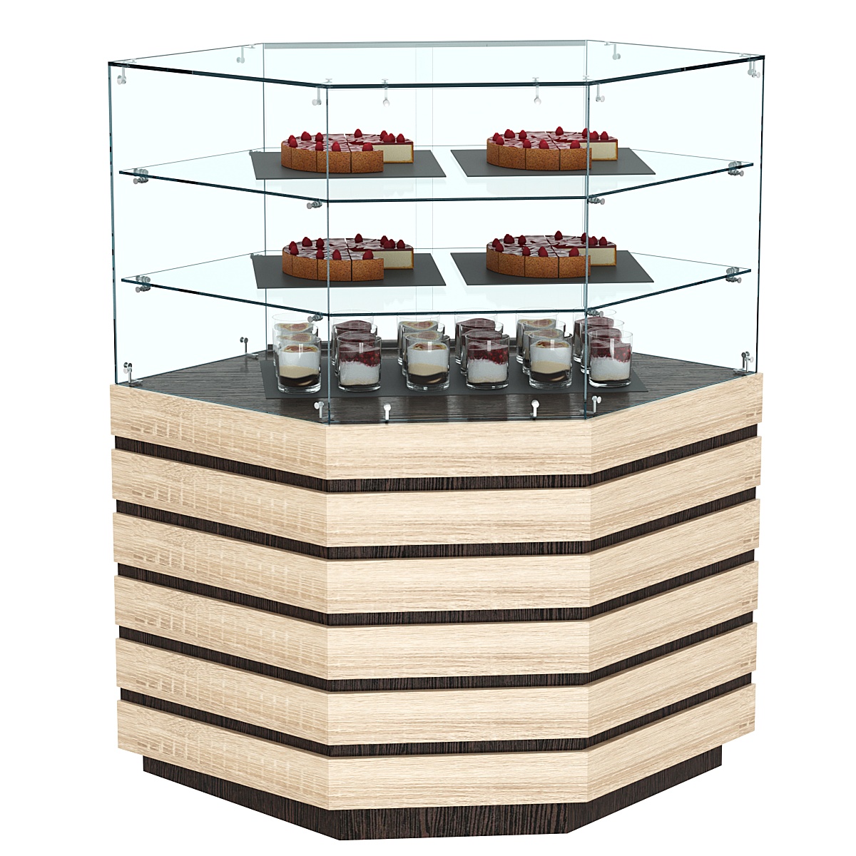 Торговый прилавок угловой с двумя полками и фасадными панелями №14Э-02 Дуб Венге и Дуб Сонома