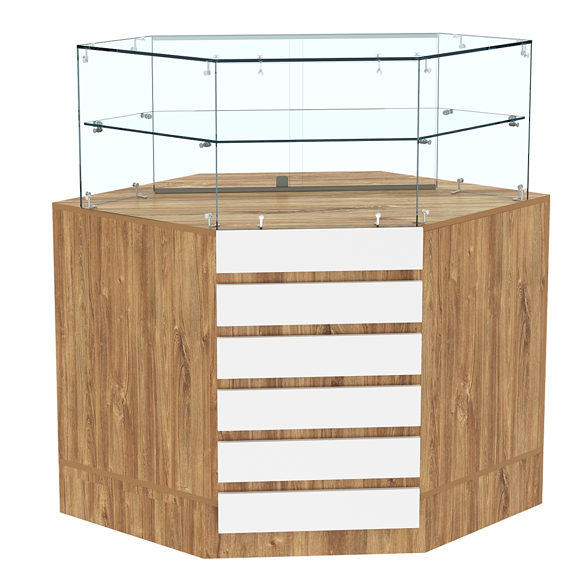 Торговый прилавок внутреннего угла с фасадными панелями №15Э-01 Дуб Канзас коричневый + Белый