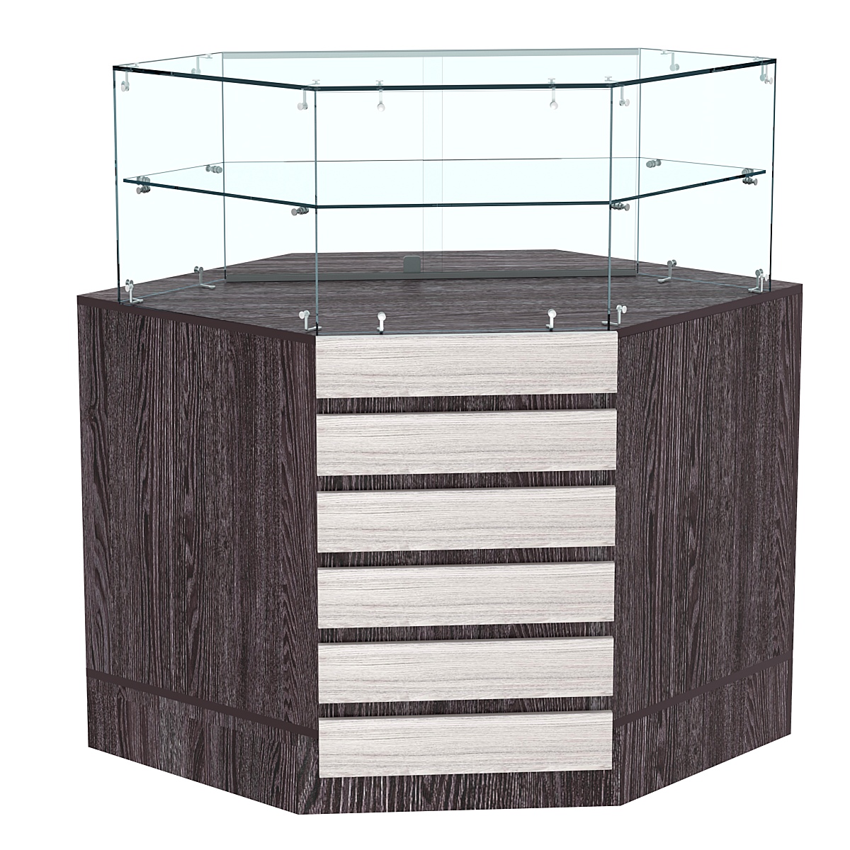 Торговый прилавок внутреннего угла с фасадными панелями №15Э-01 Ясень Анкор темный + Ясень Анкор светлый