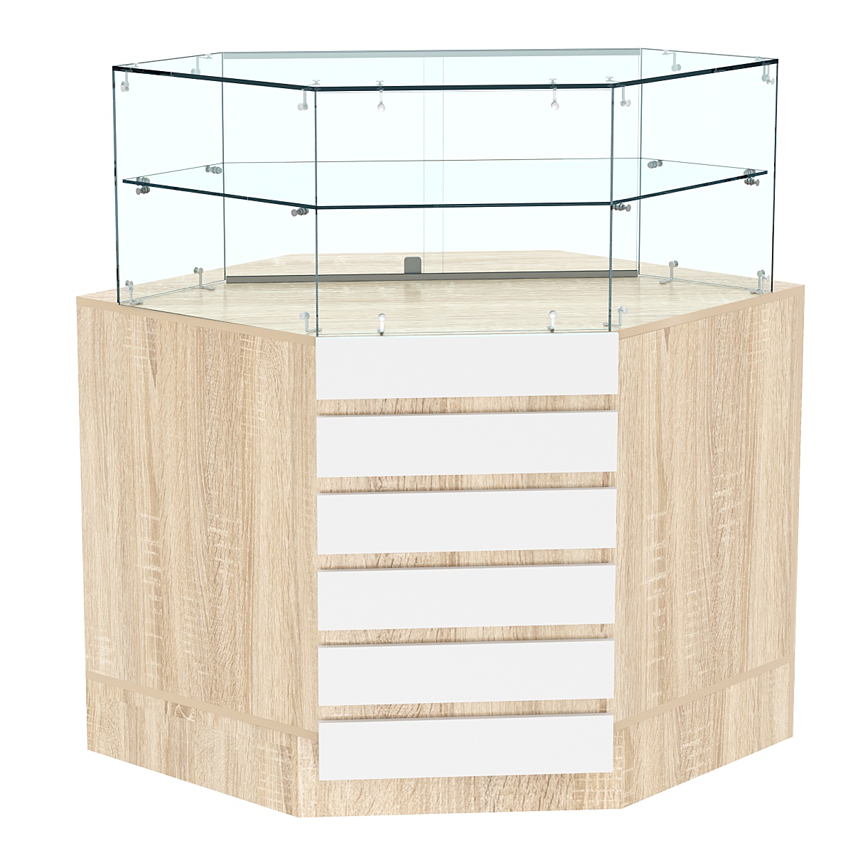 Торговый прилавок внутреннего угла с фасадными панелями №15Э-01 Дуб Сонома + Белый