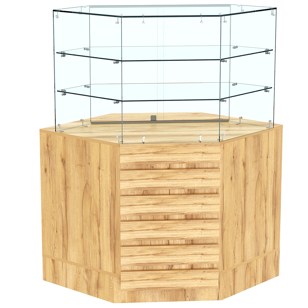 Торговый прилавок угловой со стеклянными шторками и фасадными панелями №15Э-02 Дуб Золотистый