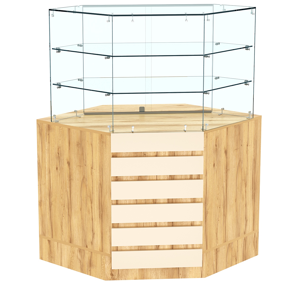 Торговый прилавок угловой со стеклянными шторками и фасадными панелями №15Э-02 Дуб Золотистый и Крем Вайс