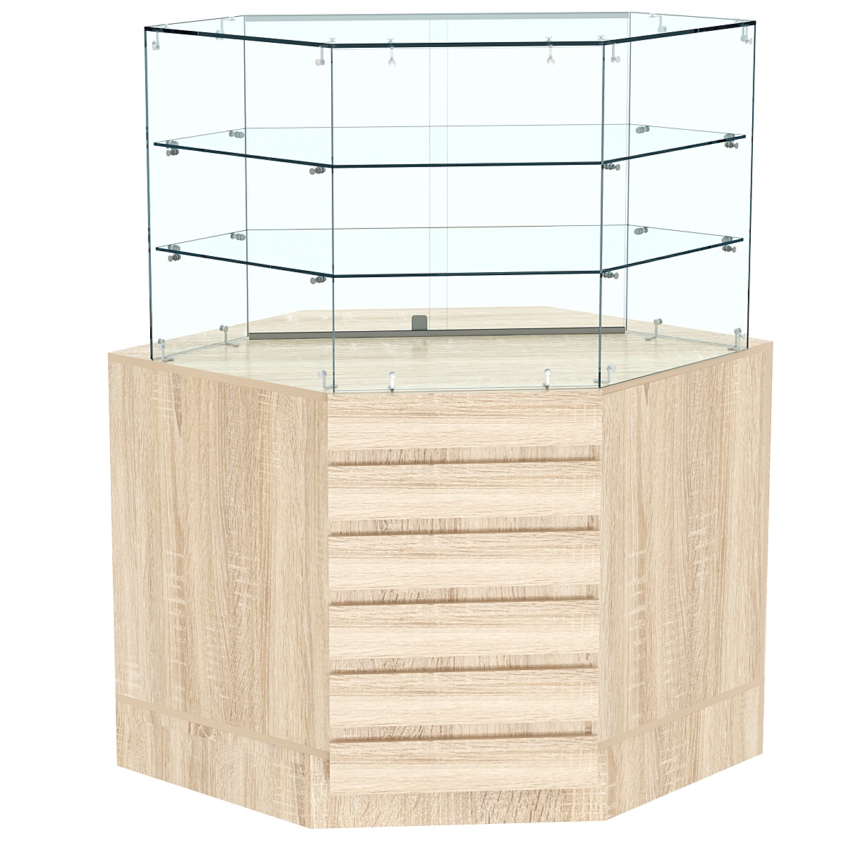 Торговый прилавок угловой со стеклянными шторками и фасадными панелями №15Э-02 Дуб сонома