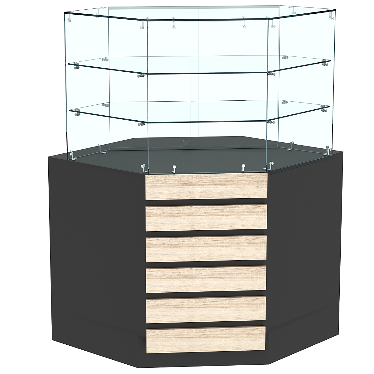 Торговый прилавок угловой со стеклянными шторками и фасадными панелями №15Э-02 Черный + Дуб Сонома