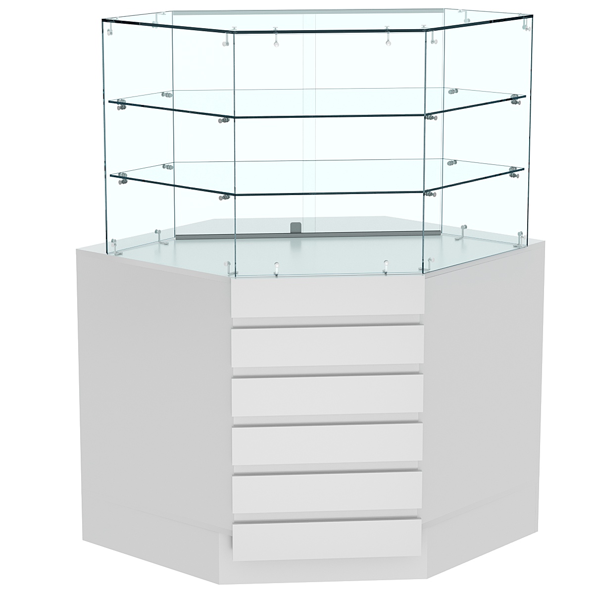 Торговый прилавок угловой со стеклянными шторками и фасадными панелями №15Э-02 Серый