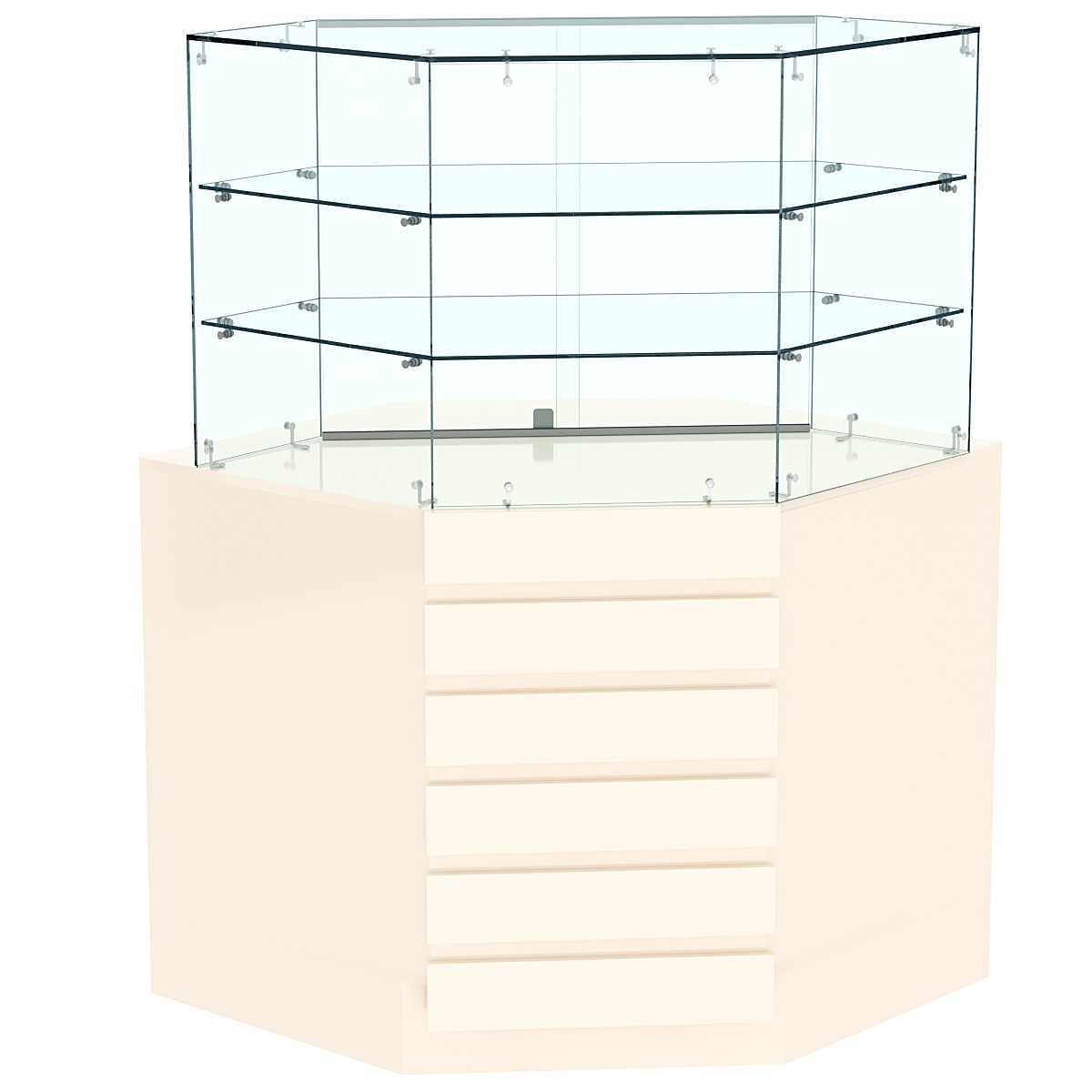 Торговый прилавок угловой со стеклянными шторками и фасадными панелями №15Э-02 Крем Вайс